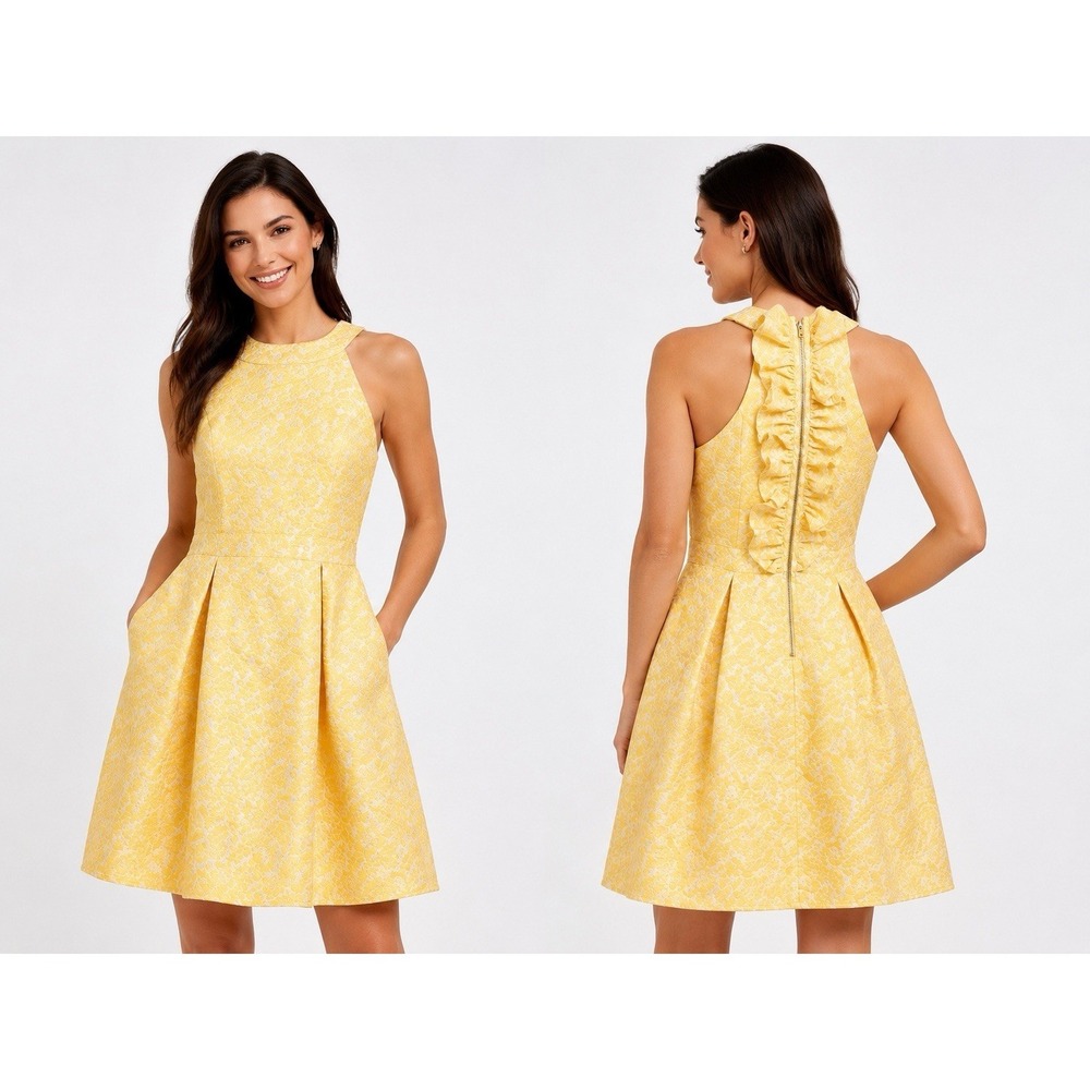 Disney Beauty and the Beast Belle Yellow Jacquard Fit Flare Dress L Ruffle Back